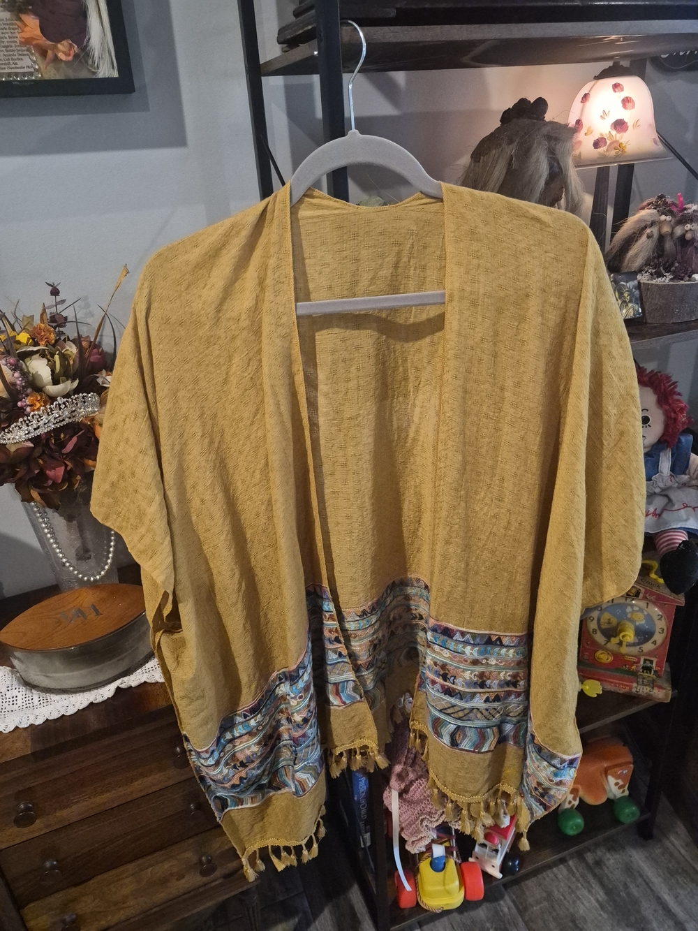 Mustard Fringe Open-Front Women's Kimono Jacket